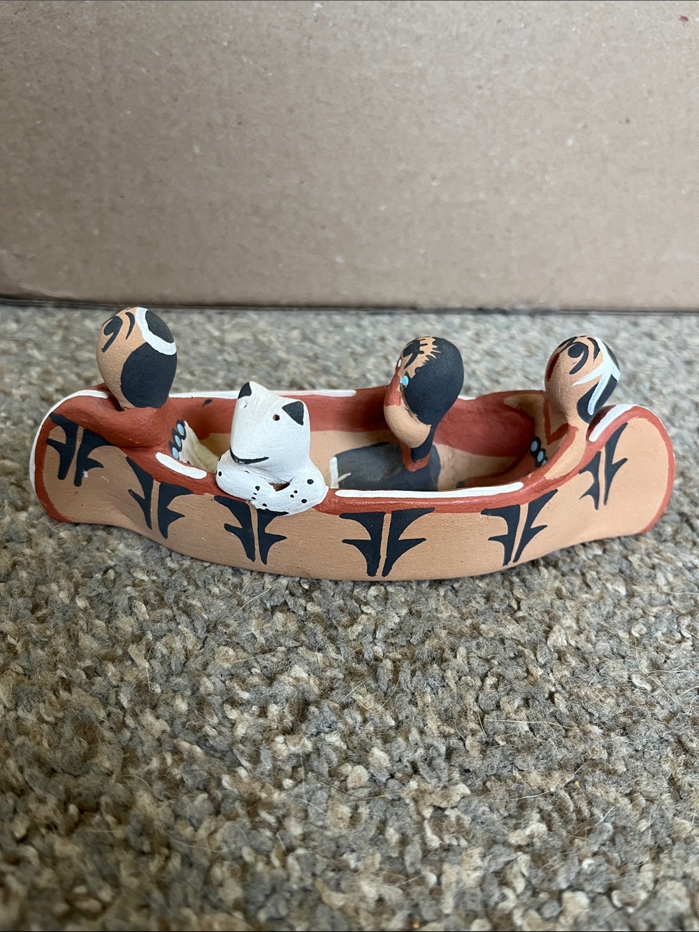 Handmade Terra Cotta Canoe Figurine with Cat and Figures - Earth Tones